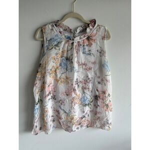 Elena Baldi Made in Italy 100% Silk Floral Ruffle Neck Sleeveless Blouse Large